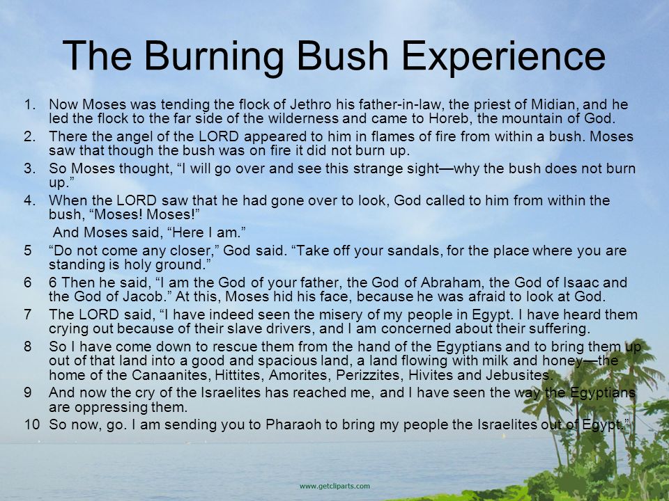 The Burning Bush Experience 1.Now Moses was tending the flock of Jethro his father-in-law, the priest of Midian, and he led the flock to the far side of the wilderness and came to Horeb, the mountain of God.