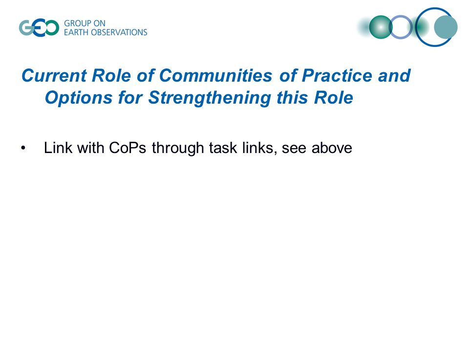 Current Role of Communities of Practice and Options for Strengthening this Role Link with CoPs through task links, see above