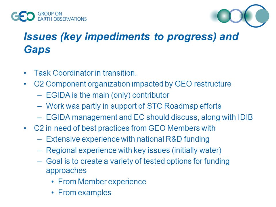 Issues (key impediments to progress) and Gaps Task Coordinator in transition.