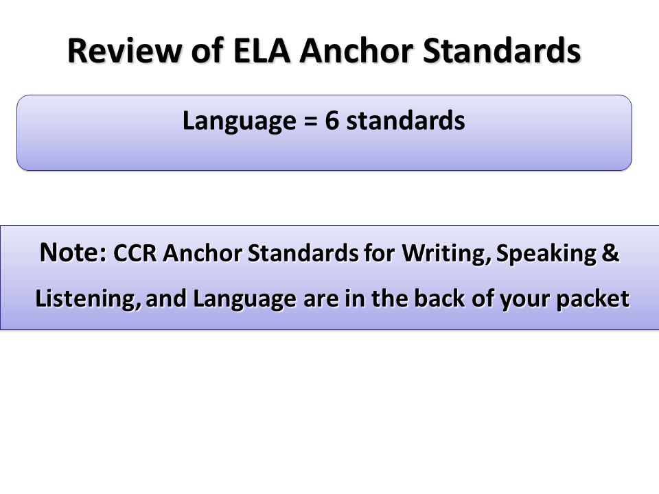 Review of ELA Anchor Standards Language = 6 standards Note: CCR Anchor Standards for Writing, Speaking & Listening, and Language are in the back of your packet Listening, and Language are in the back of your packet Note: CCR Anchor Standards for Writing, Speaking & Listening, and Language are in the back of your packet Listening, and Language are in the back of your packet