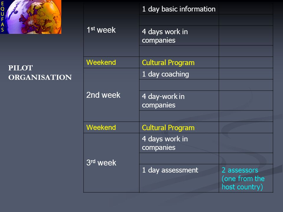 1 st week 1 day basic information 4 days work in companies Weekend Cultural Program 2nd week 1 day coaching 4 day-work in companies Weekend Cultural Program 3 rd week 4 days work in companies 1 day assessment2 assessors (one from the host country) PILOT ORGANISATION