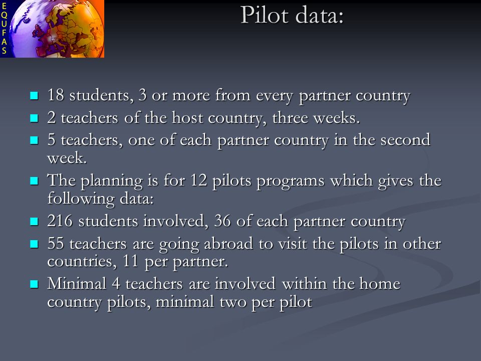 Pilot data: 18 students, 3 or more from every partner country 18 students, 3 or more from every partner country 2 teachers of the host country, three weeks.