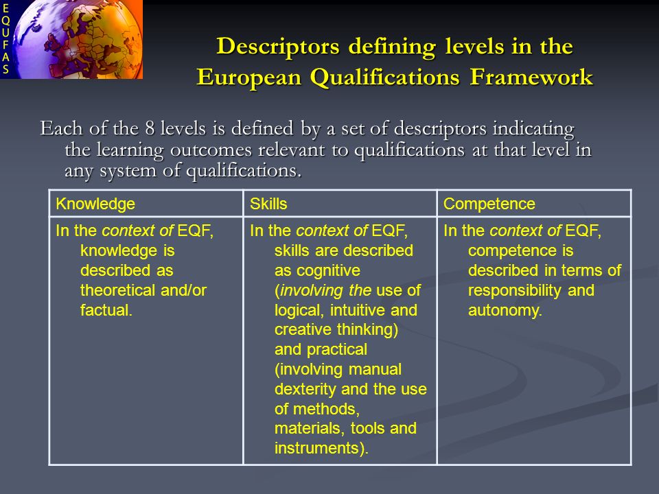 Descriptors defining levels in the European Qualifications Framework Each of the 8 levels is defined by a set of descriptors indicating the learning outcomes relevant to qualifications at that level in any system of qualifications.
