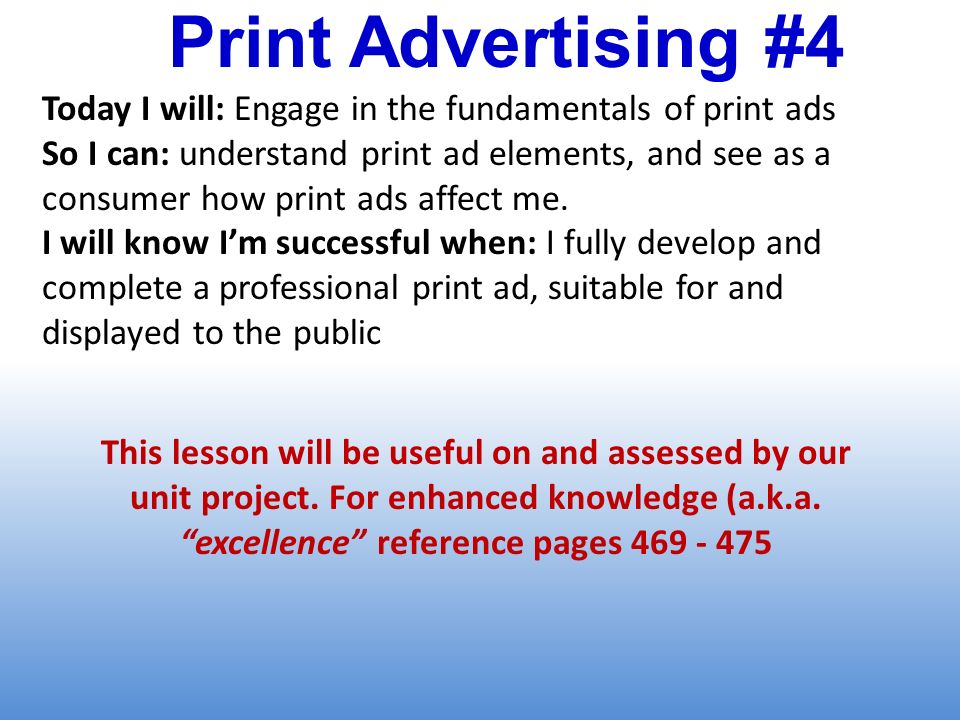 Print Advertising #4 Today I will: Engage in the fundamentals of print ads So I can: understand print ad elements, and see as a consumer how print ads affect me.