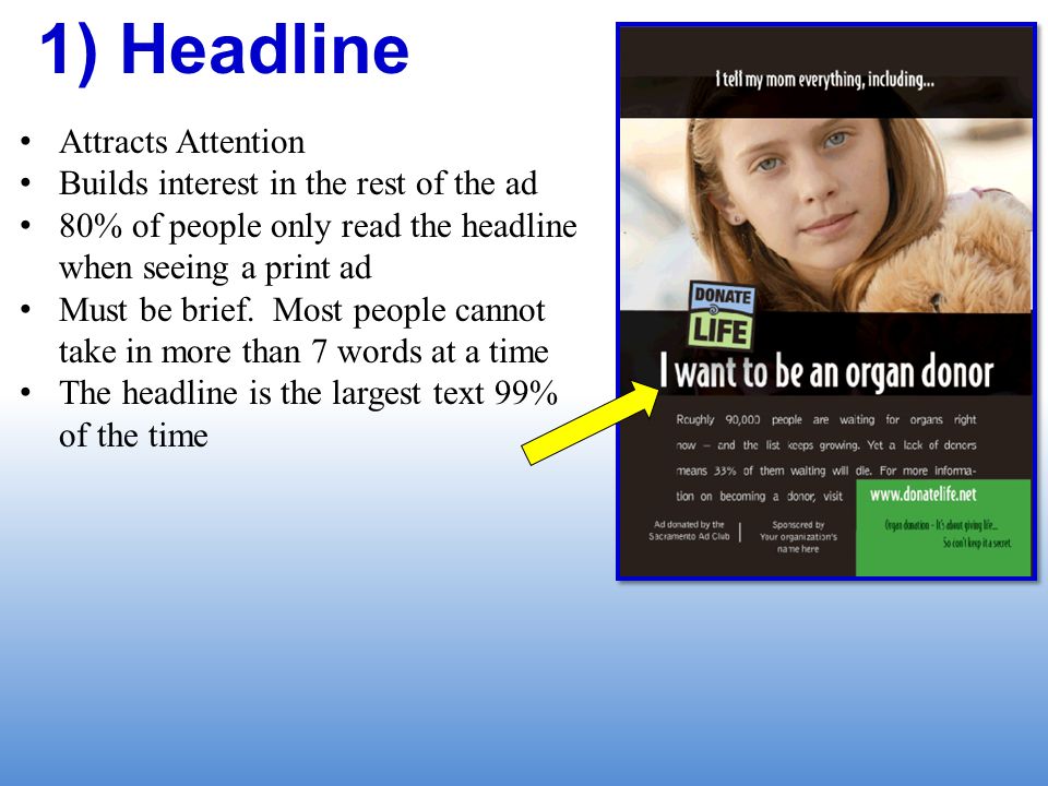 1) Headline Attracts Attention Builds interest in the rest of the ad 80% of people only read the headline when seeing a print ad Must be brief.