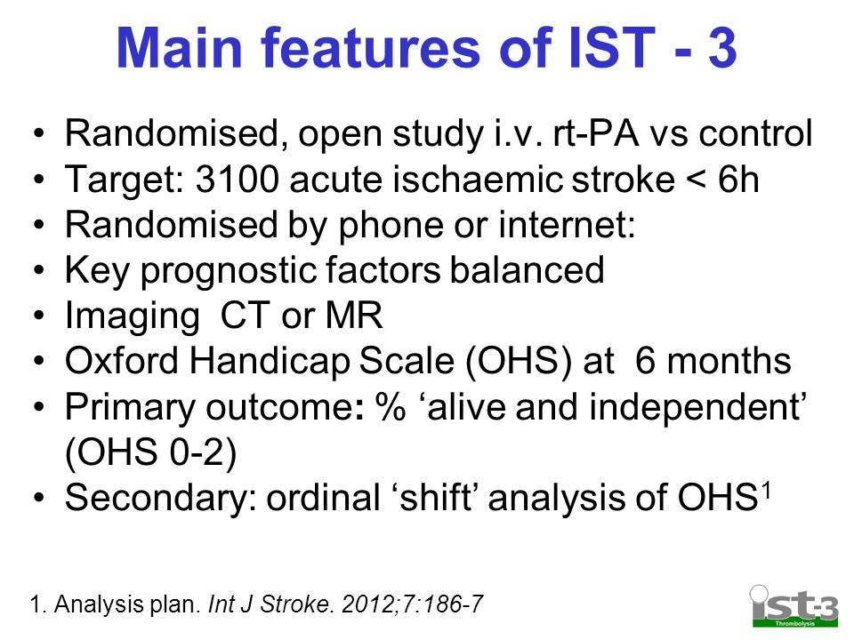Main features of IST - 3 Randomised, open study i.v.