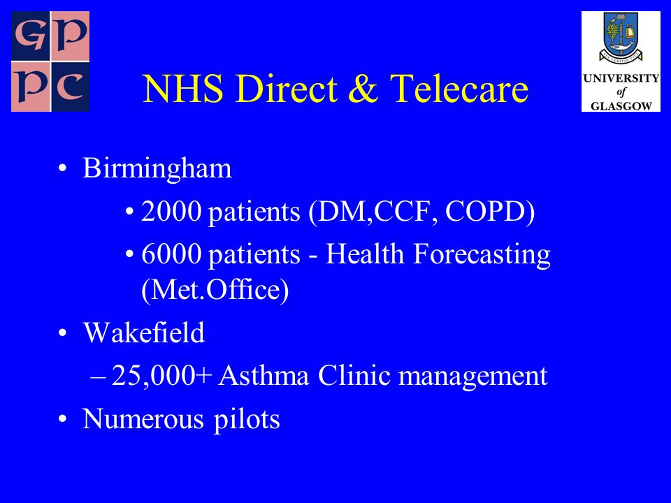 Telehealthcare: Current Role and Future Challenges Frances S Mair Professor of Primary Care Research Section of General Practice... 