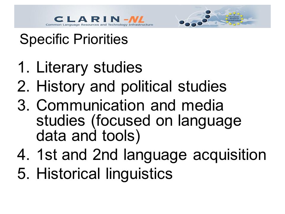 1.Literary studies 2.History and political studies 3.Communication and media studies (focused on language data and tools) 4.1st and 2nd language acquisition 5.Historical linguistics Specific Priorities