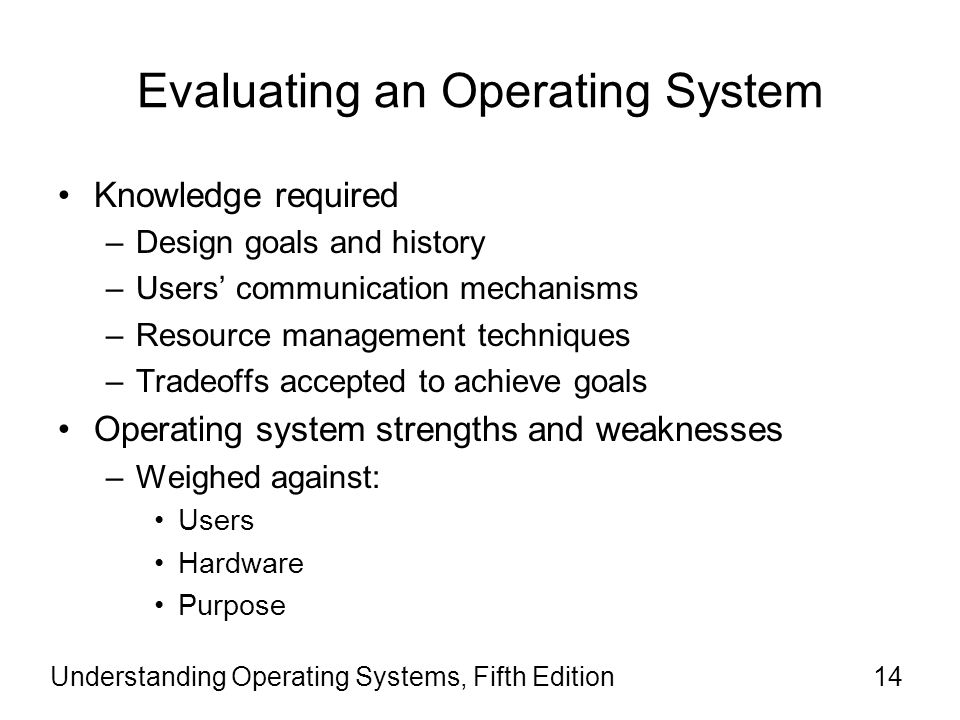 Evaluating an Operating System Knowledge required –Design goals and history –Users’ communication mechanisms –Resource management techniques –Tradeoffs accepted to achieve goals Operating system strengths and weaknesses –Weighed against: Users Hardware Purpose Understanding Operating Systems, Fifth Edition14