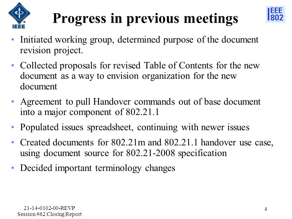 Progress in previous meetings Initiated working group, determined purpose of the document revision project.