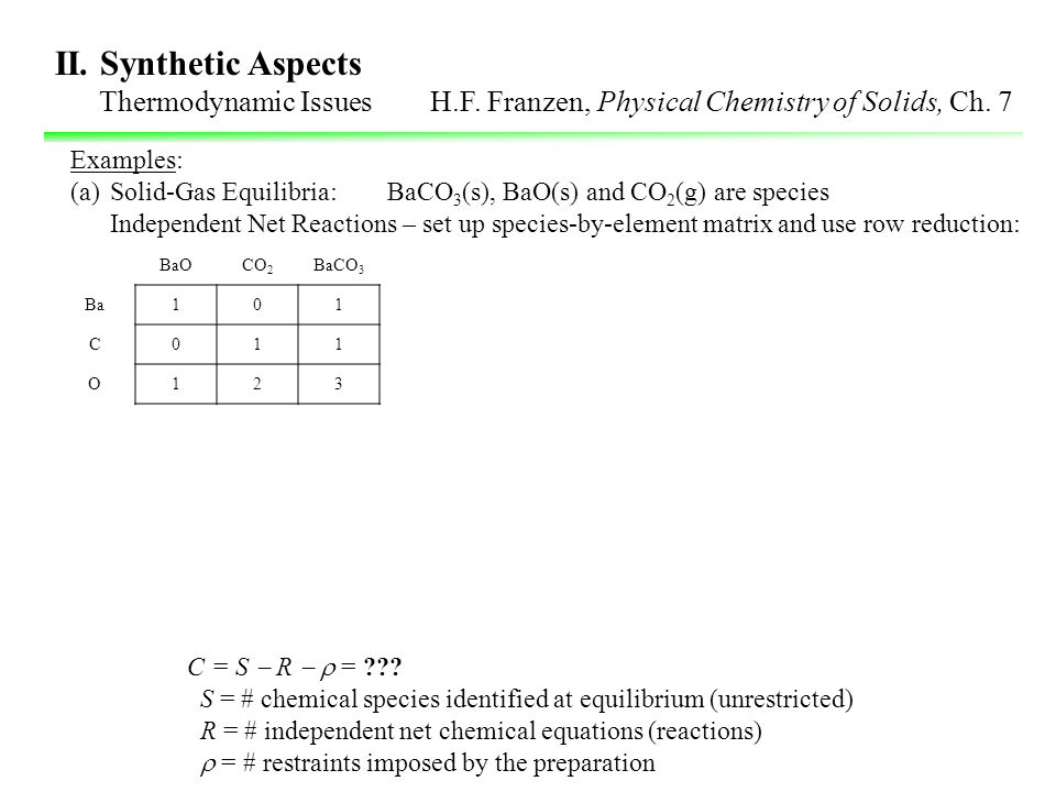 II. Synthetic Aspects Thermodynamic Issues H.F. Franzen, Physical Chemistry of Solids, Ch.