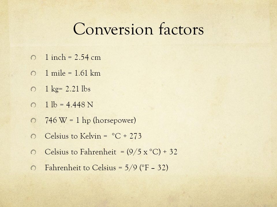 Conversion factors 1 inch = 2.54 cm 1 mile = 1.61 km 1 kg= 2.21 lbs 1 lb = N 746 W = 1 hp (horsepower) Celsius to Kelvin = °C Celsius to Fahrenheit = (9/5 x °C) + 32 Fahrenheit to Celsius = 5/9 (°F – 32)