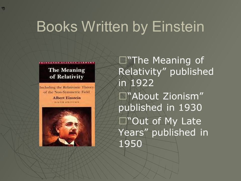 * * 0 Books Written by Einstein ◆ The Meaning of Relativity published in 1922 ◆ About Zionism published in 1930 ◆ Out of My Late Years published in 1950