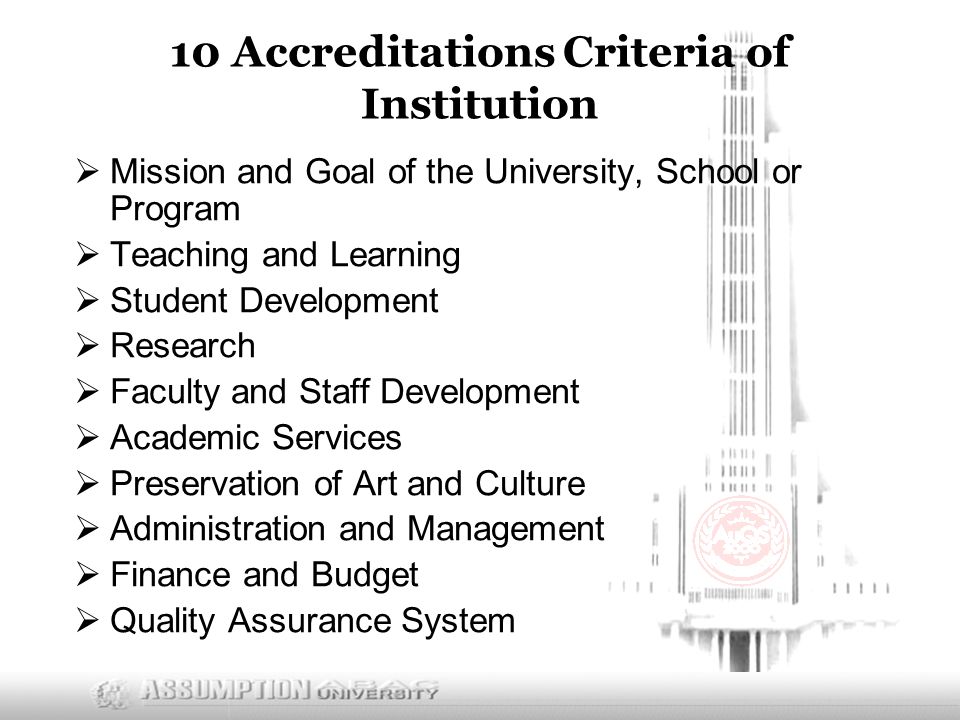 10 Accreditations Criteria of Institution  Mission and Goal of the University, School or Program  Teaching and Learning  Student Development  Research  Faculty and Staff Development  Academic Services  Preservation of Art and Culture  Administration and Management  Finance and Budget  Quality Assurance System