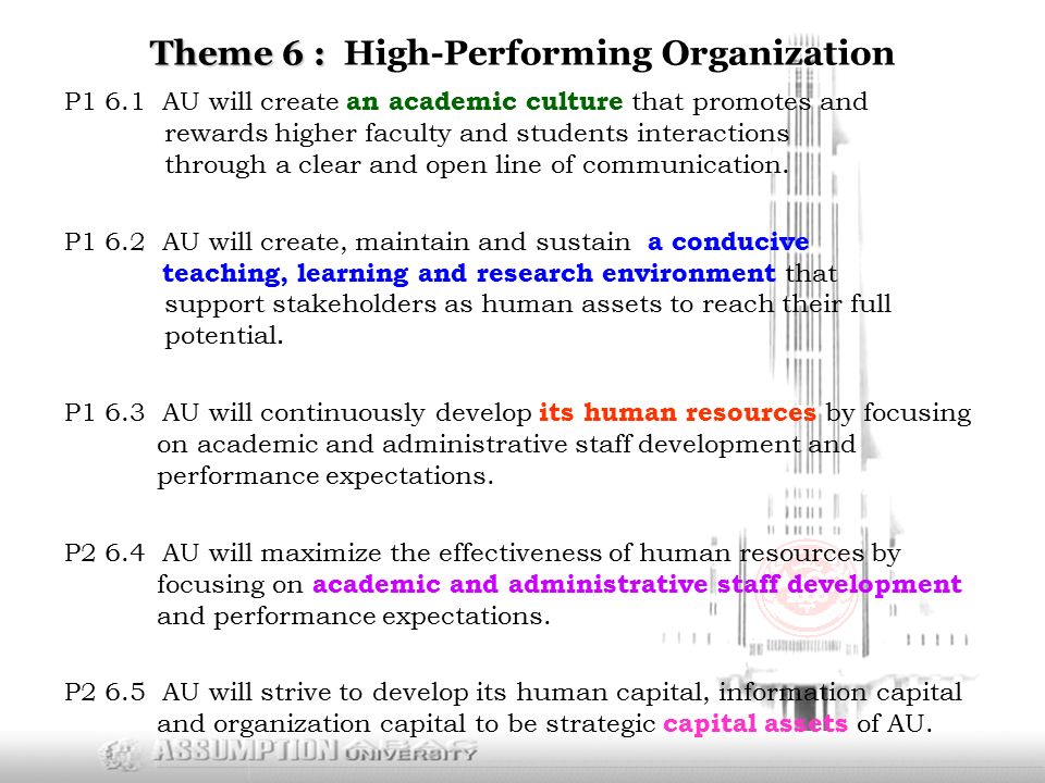 Theme 6 : Theme 6 : High-Performing Organization P1 6.1 AU will create an academic culture that promotes and rewards higher faculty and students interactions through a clear and open line of communication.