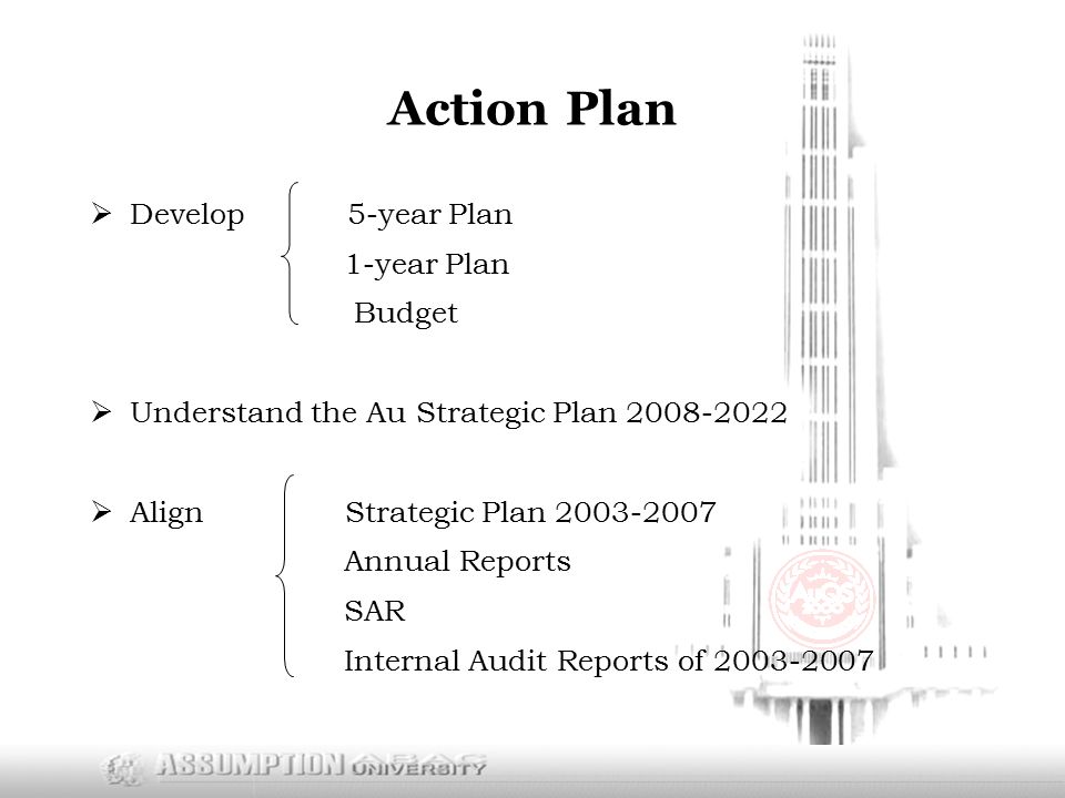 Action Plan  Develop 5-year Plan 1-year Plan Budget  Understand the Au Strategic Plan  Align Strategic Plan Annual Reports SAR Internal Audit Reports of