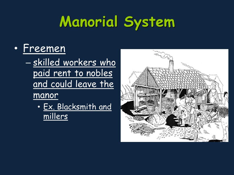 Manorial System Freemen – skilled workers who paid rent to nobles and could leave the manor Ex.