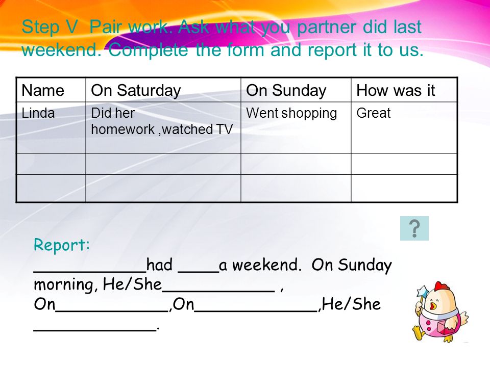 Step V Pair work. Ask what you partner did last weekend.