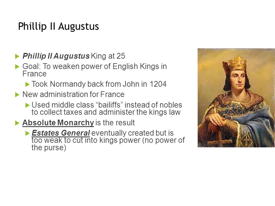 Phillip II Augustus  Phillip II Augustus King at 25  Goal: To weaken power of English Kings in France  Took Normandy back from John in 1204  New administration for France  Used middle class bailiffs instead of nobles to collect taxes and administer the kings law  Absolute Monarchy is the result  Estates General eventually created but is too weak to cut into kings power (no power of the purse)