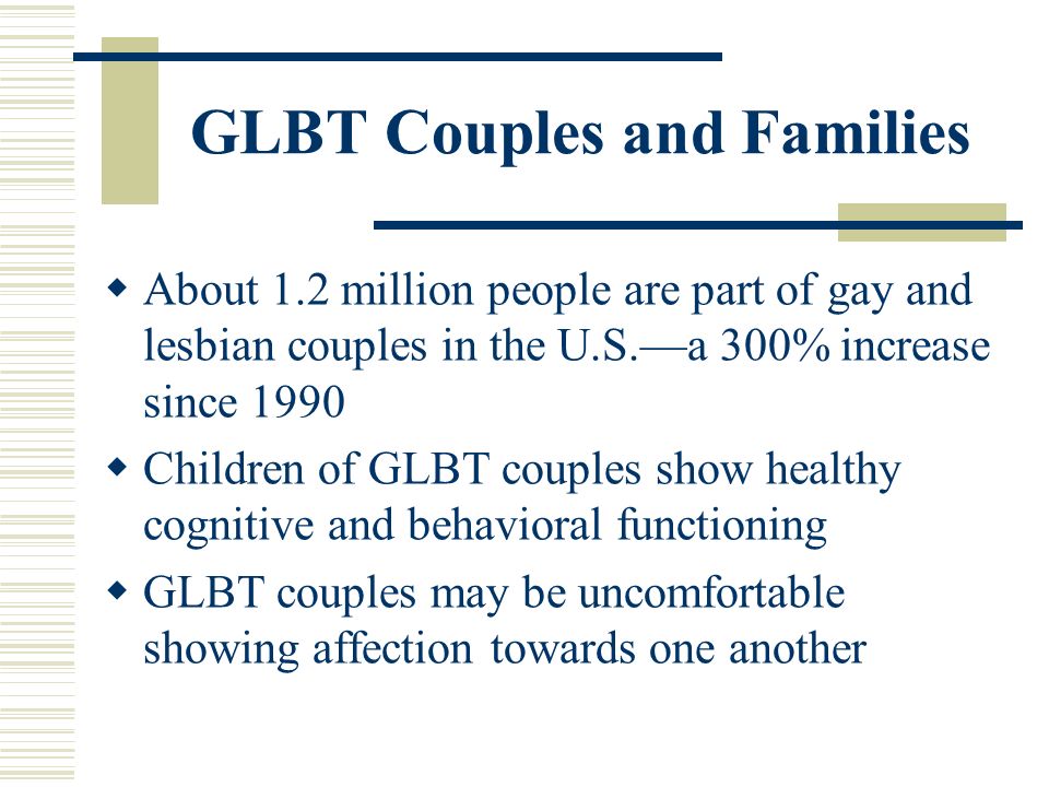 GLBT Couples and Families  About 1.2 million people are part of gay and lesbian couples in the U.S.—a 300% increase since 1990  Children of GLBT couples show healthy cognitive and behavioral functioning  GLBT couples may be uncomfortable showing affection towards one another