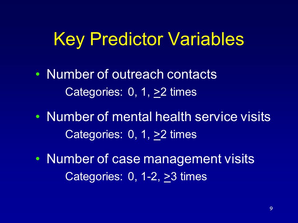 9 Key Predictor Variables Number of outreach contacts Categories: 0, 1, >2 times Number of mental health service visits Categories: 0, 1, >2 times Number of case management visits Categories: 0, 1-2, >3 times