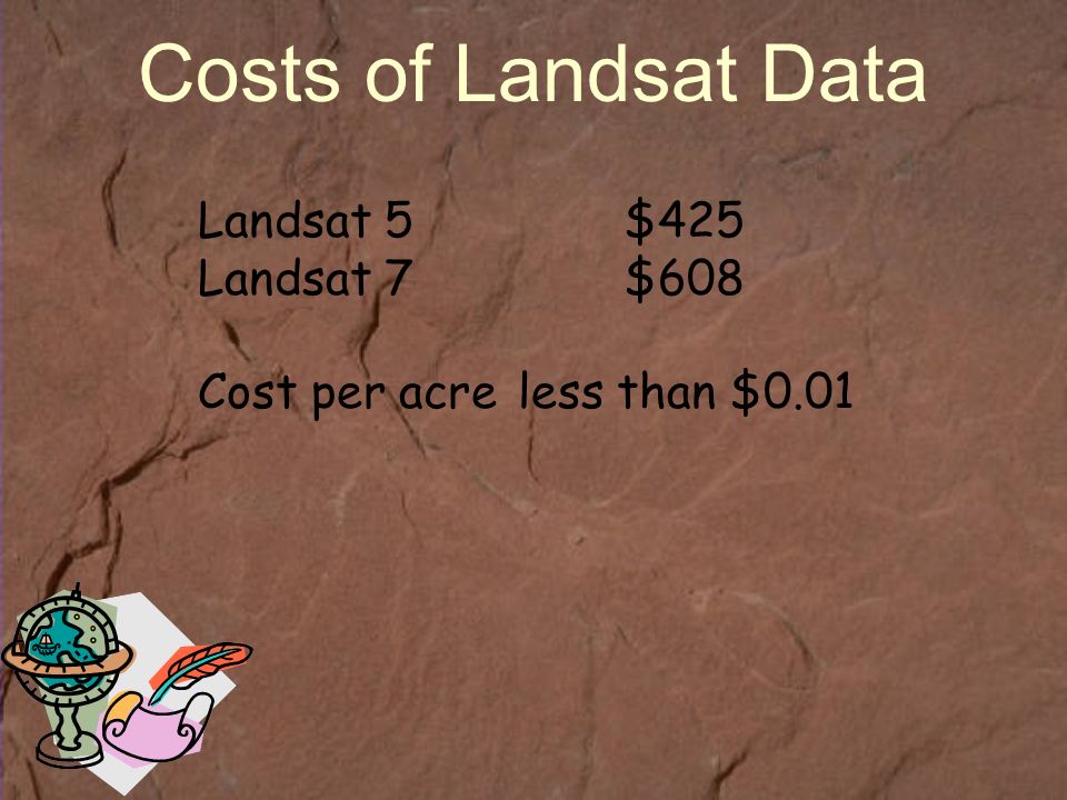 Costs of Landsat Data Landsat 5$425 Landsat 7$608 Cost per acreless than $0.01
