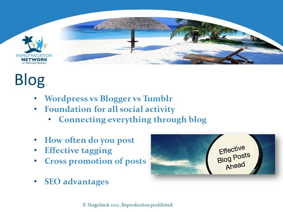 Blog Wordpress vs Blogger vs Tumblr Foundation for all social activity Connecting everything through blog How often do you post Effective tagging Cross promotion of posts SEO advantages © Magolnick 2012.