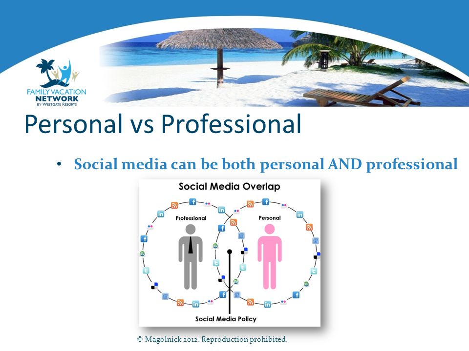 Personal vs Professional Social media can be both personal AND professional © Magolnick 2012.