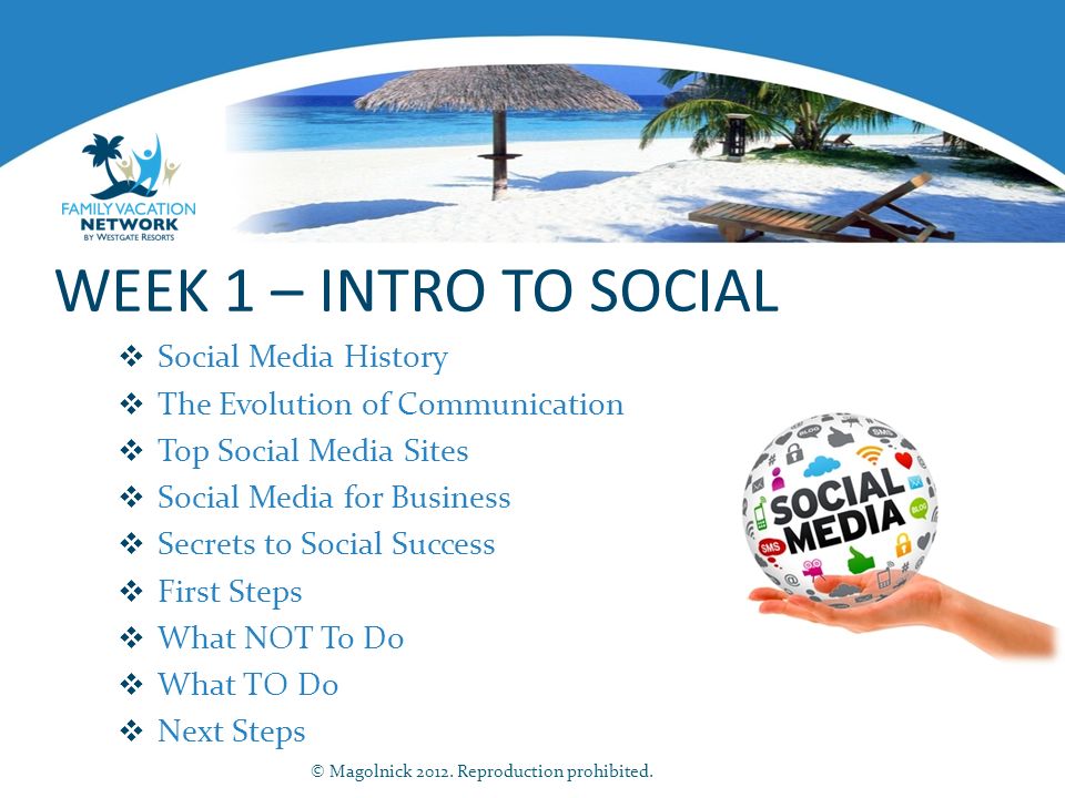 WEEK 1 – INTRO TO SOCIAL  Social Media History  The Evolution of Communication  Top Social Media Sites  Social Media for Business  Secrets to Social Success  First Steps  What NOT To Do  What TO Do  Next Steps © Magolnick 2012.