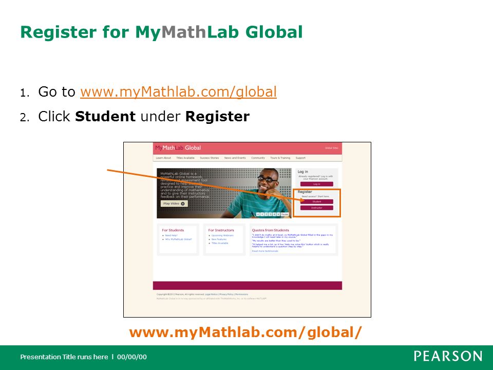 Presentation Title runs here l 00/00/00 Register for MyMathLab Global 1.