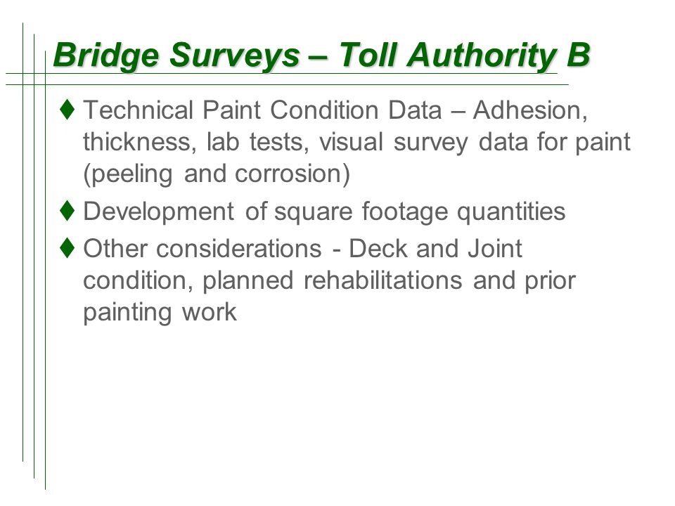 Bridge Surveys – Toll Authority B  Technical Paint Condition Data – Adhesion, thickness, lab tests, visual survey data for paint (peeling and corrosion)  Development of square footage quantities  Other considerations - Deck and Joint condition, planned rehabilitations and prior painting work