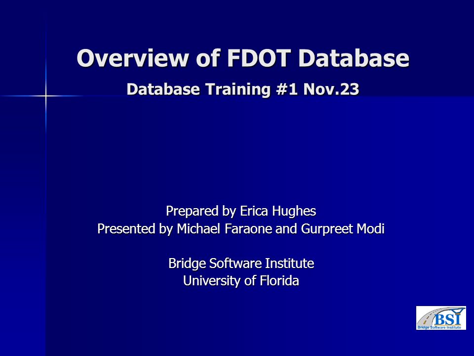 Overview of FDOT Database Database Training #1 Nov.23 Prepared by Erica Hughes Presented by Michael Faraone and Gurpreet Modi Bridge Software Institute University of Florida