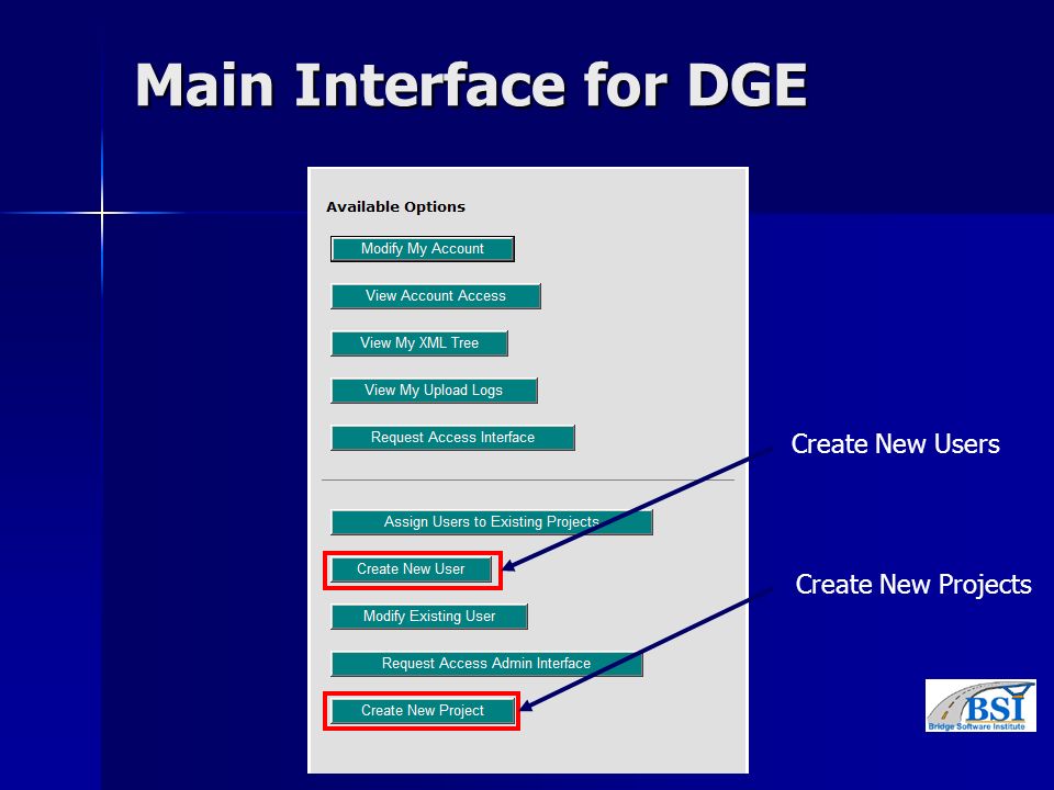 Main Interface for DGE Create New Projects Create New Users