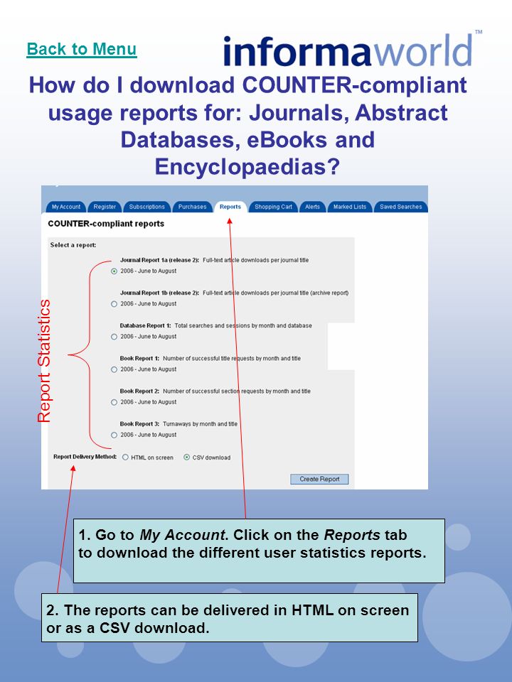 How do I download COUNTER-compliant usage reports for: Journals, Abstract Databases, eBooks and Encyclopaedias.