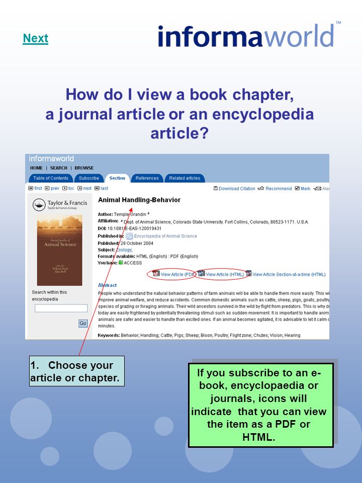 How do I view a book chapter, a journal article or an encyclopedia article.