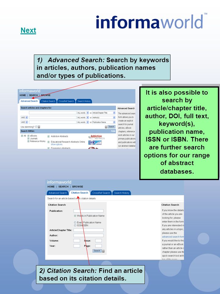 1)Advanced Search: Search by keywords in articles, authors, publication names and/or types of publications.