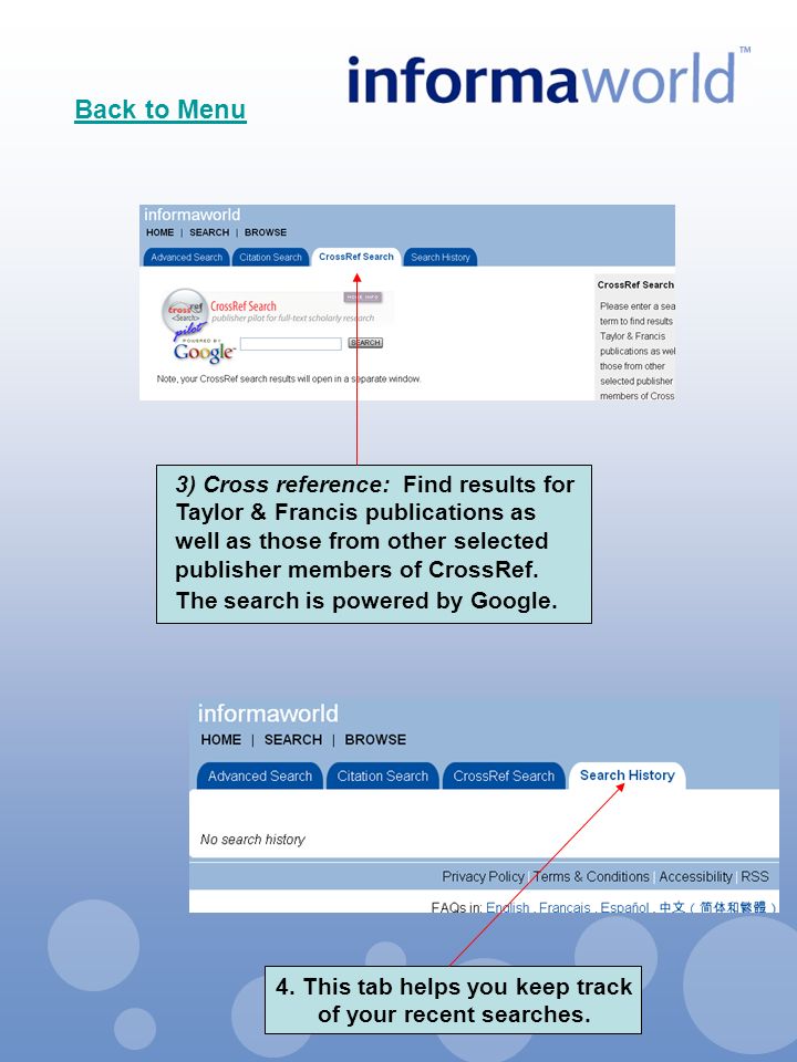 3) Cross reference: Find results for Taylor & Francis publications as well as those from other selected publisher members of CrossRef.