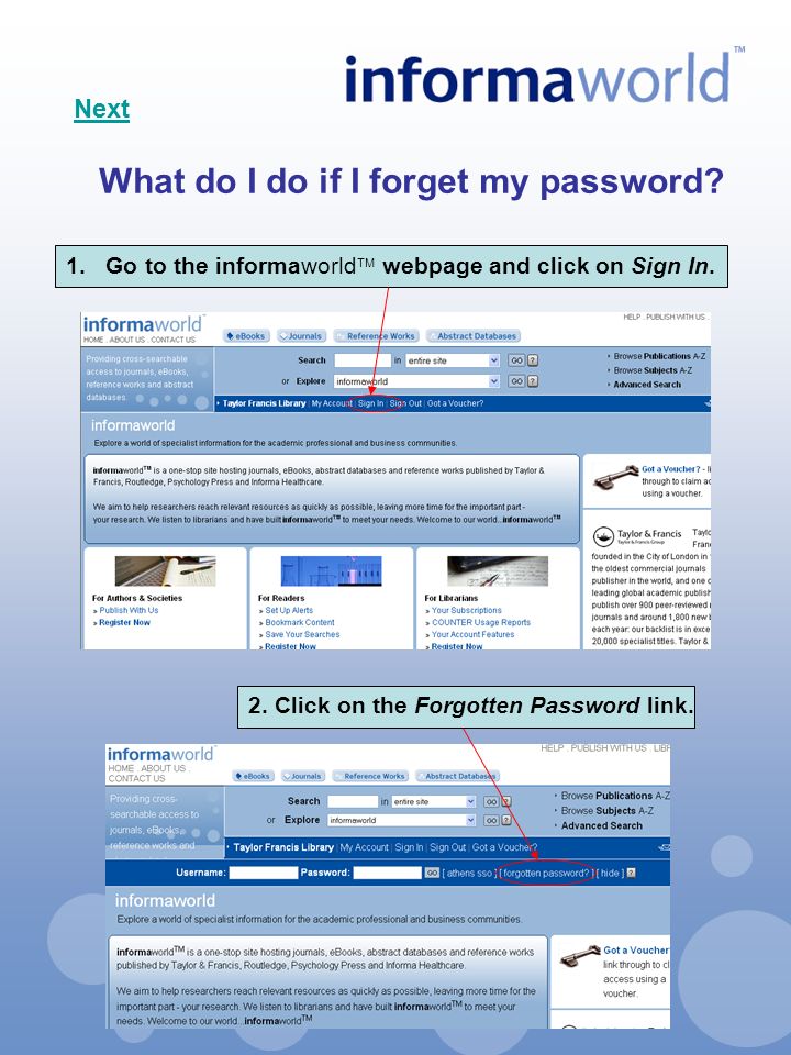 What do I do if I forget my password. 1.Go to the informaworld  webpage and click on Sign In.