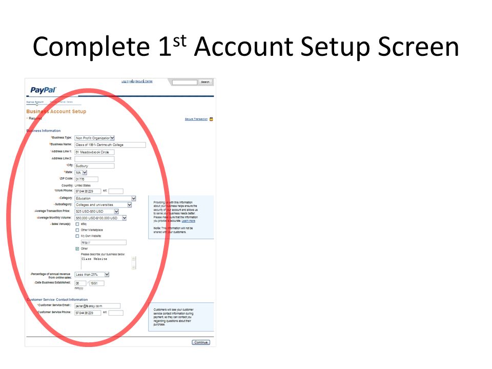 Complete 1 st Account Setup Screen