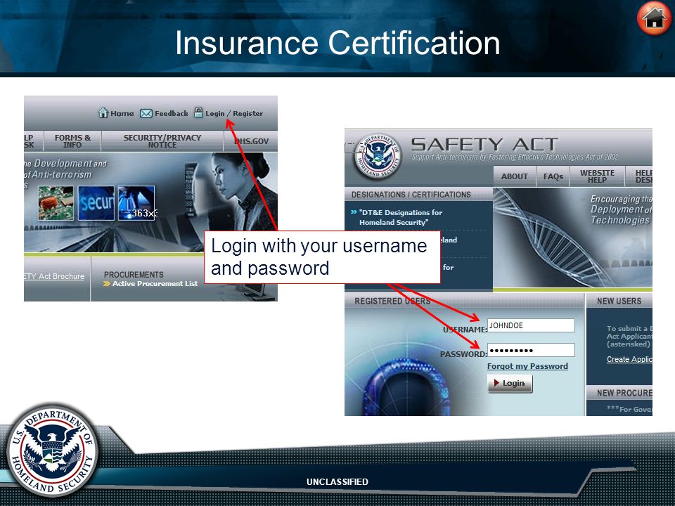 UNCLASSIFIED Insurance Certification Login with your username and password