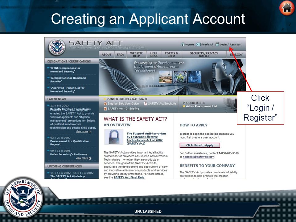 UNCLASSIFIED Creating an Applicant Account Click Login / Register