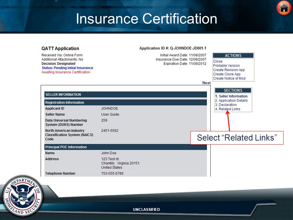 UNCLASSIFIED Insurance Certification Select Related Links