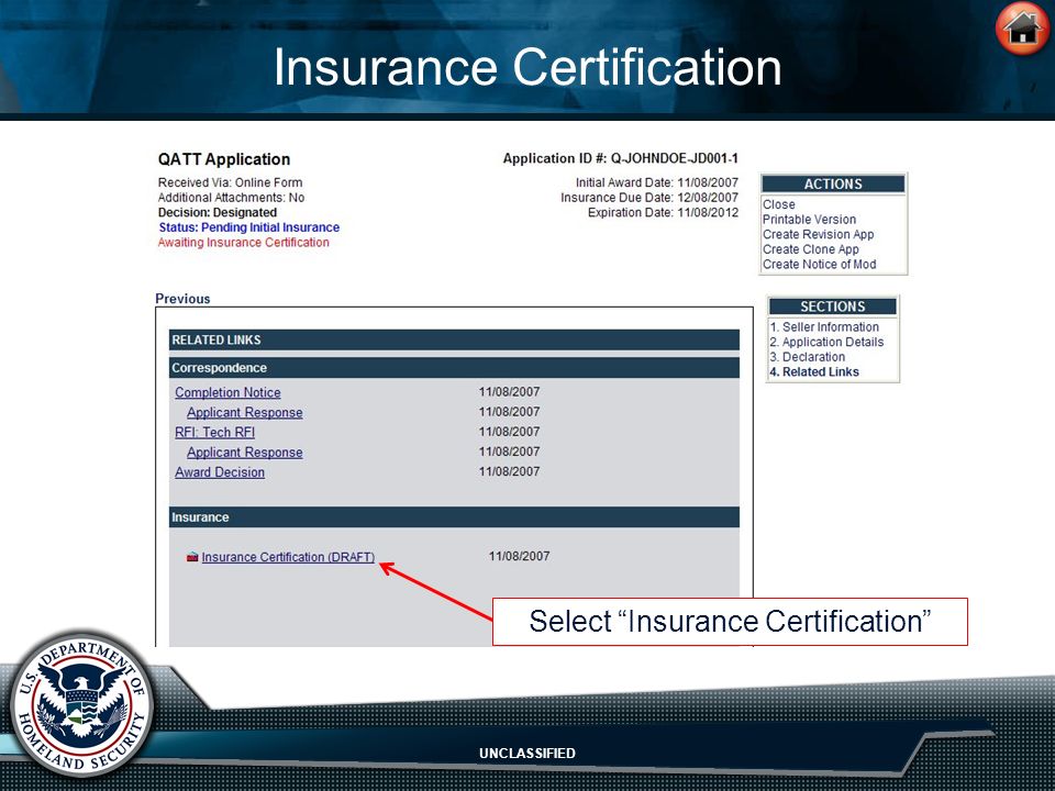 UNCLASSIFIED Insurance Certification Select Insurance Certification