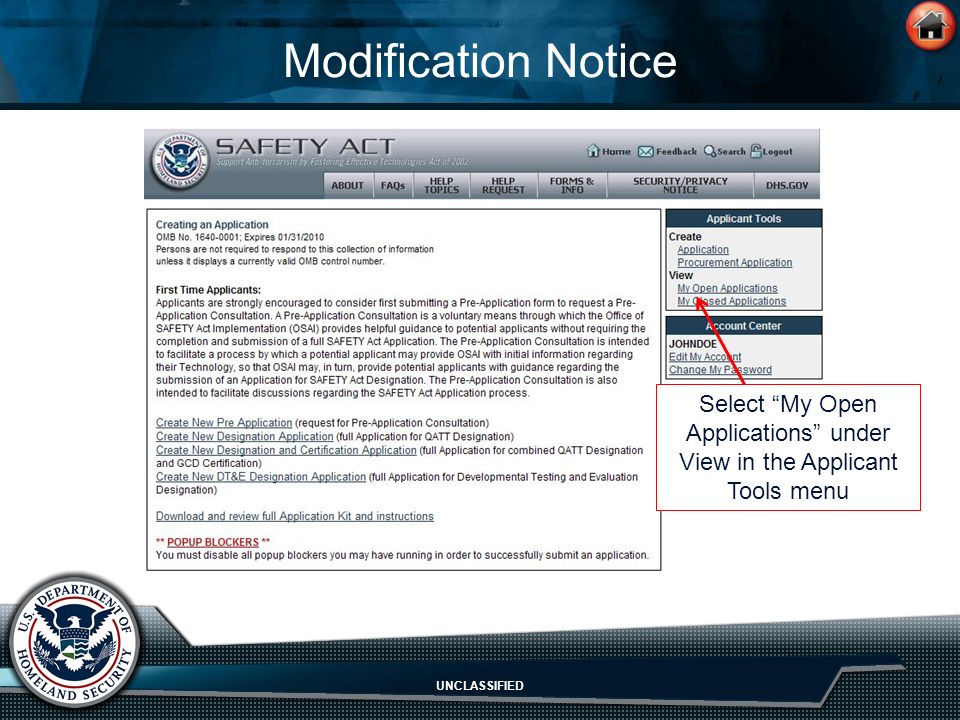 UNCLASSIFIED Modification Notice Select My Open Applications under View in the Applicant Tools menu
