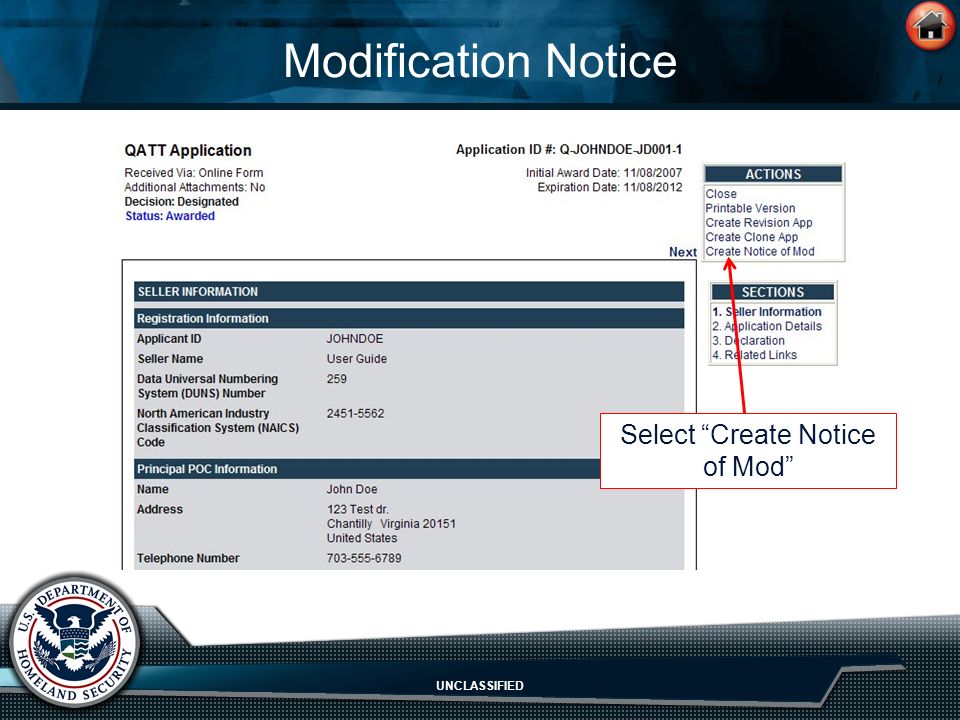 UNCLASSIFIED Modification Notice Select Create Notice of Mod