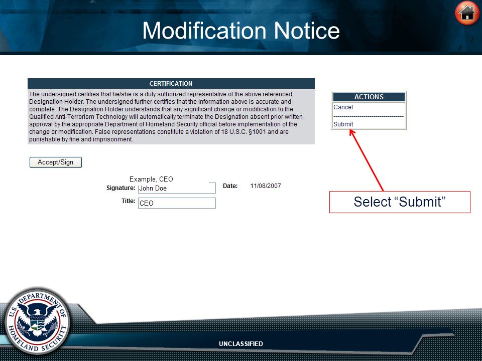 UNCLASSIFIED Modification Notice Example, CEO Select Submit