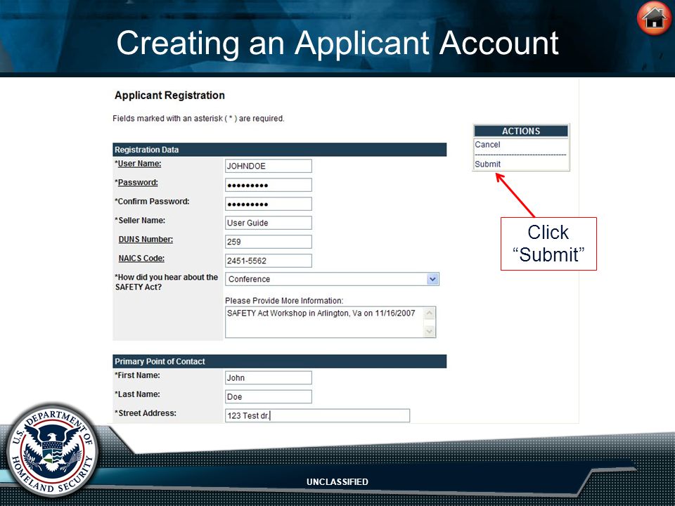 UNCLASSIFIED Creating an Applicant Account Click Submit