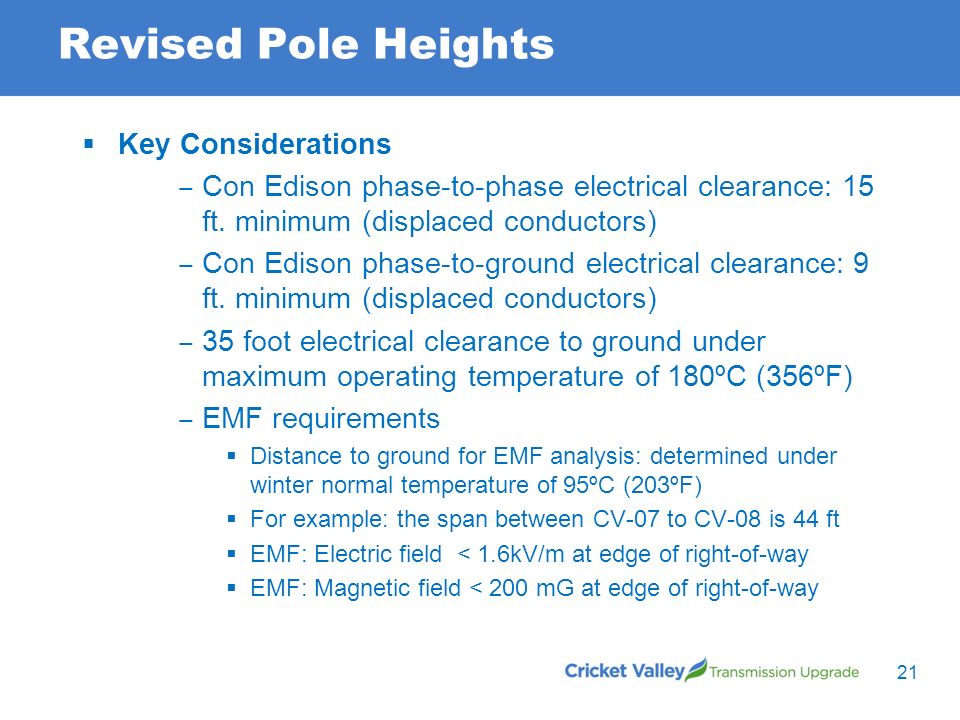 Revised Pole Heights  Key Considerations ‒ Con Edison phase-to-phase electrical clearance: 15 ft.