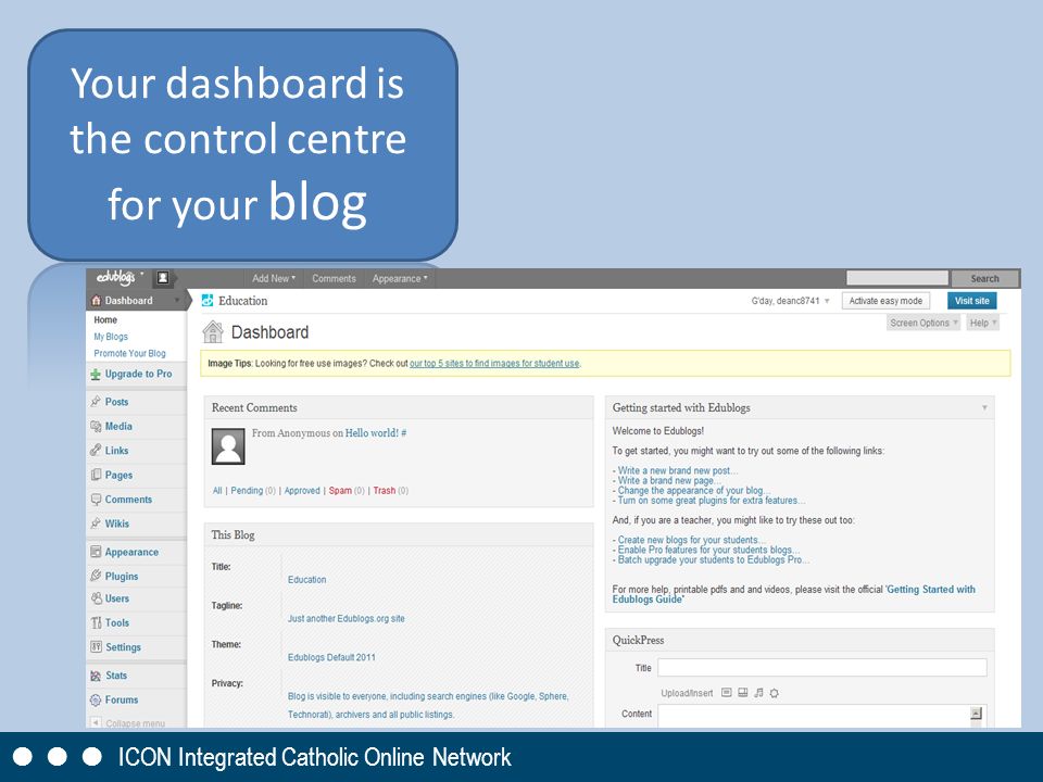 Your dashboard is the control centre for your blog       ICON Integrated Catholic Online Network