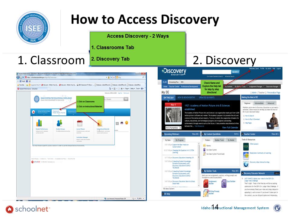 Idaho Instructional Management System How to Access Discovery 1. Classroom 2. Discovery 14